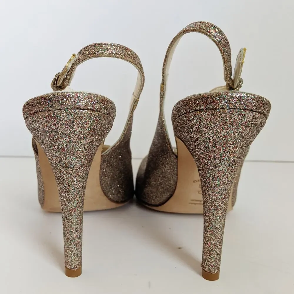 Something Bleu Gold Glitter Slingback Bridal Heels Italy Size 9 Stilettos Glam